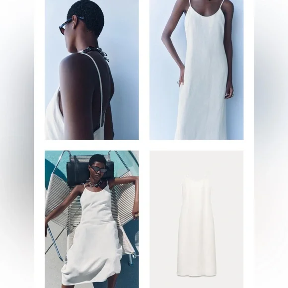 Zara White Linen Blend A-Line Midi Dress Round neckline strap ZW Cotton S NWT - Picture 1 of 16